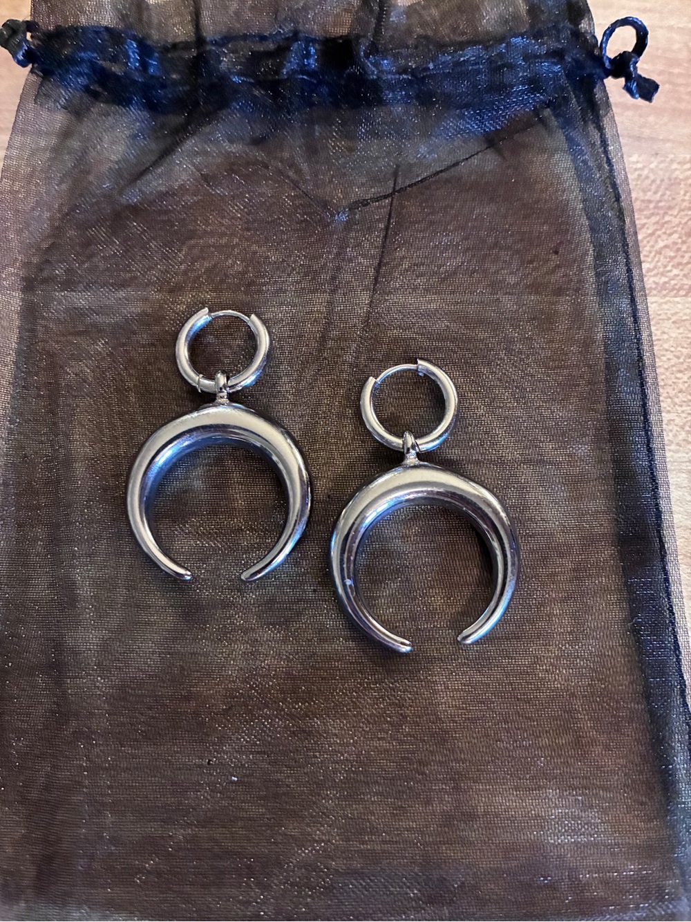 Polished Silver Crescent Hoop Drop Earrings for Women